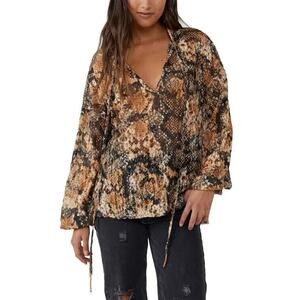 Free People Blouse Top XS Multicolor Snake Pattern Long Sleeve V-Neck Casual B55